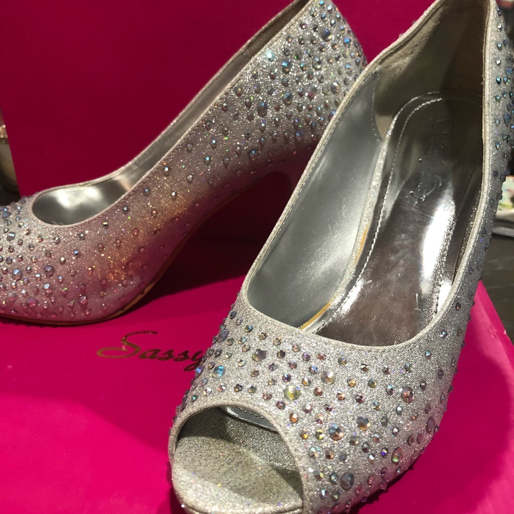 Silver rhinestone heels